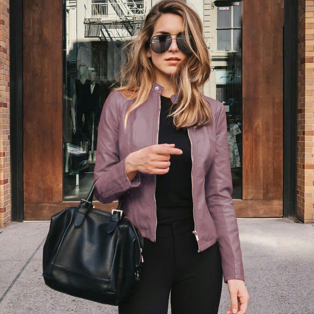 Women's black stand-up collar slim-fit jacket with sleek zipper minimalist tailored outerwear