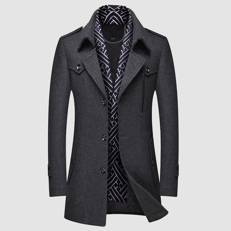 Men's charcoal wool blend overcoat with detachable collar, tailored silhouette by Roberto Russo