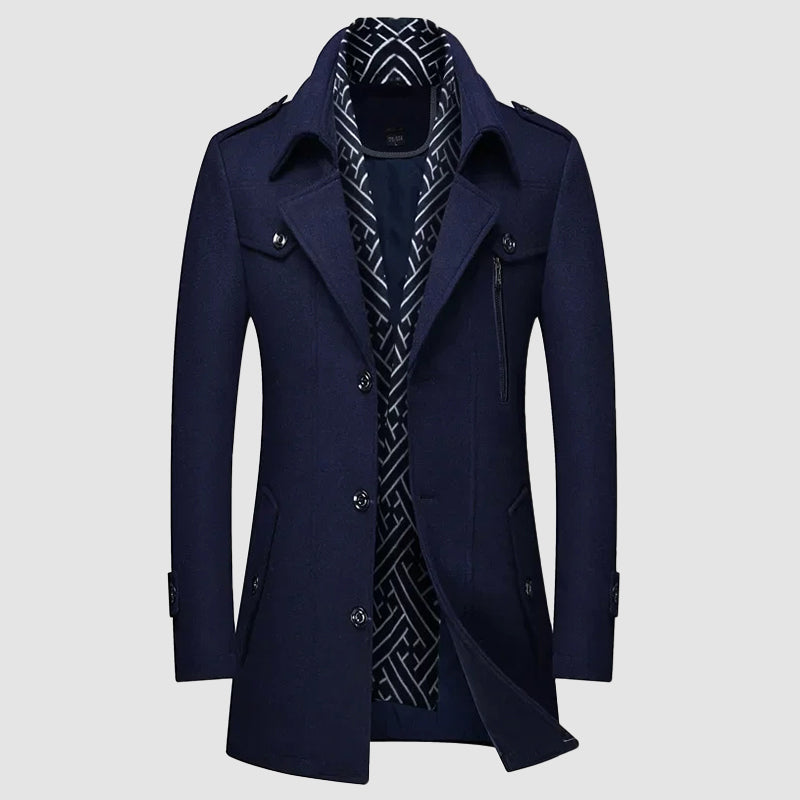 Men's charcoal wool blend overcoat with detachable collar, classic silhouette by Roberto Russo
