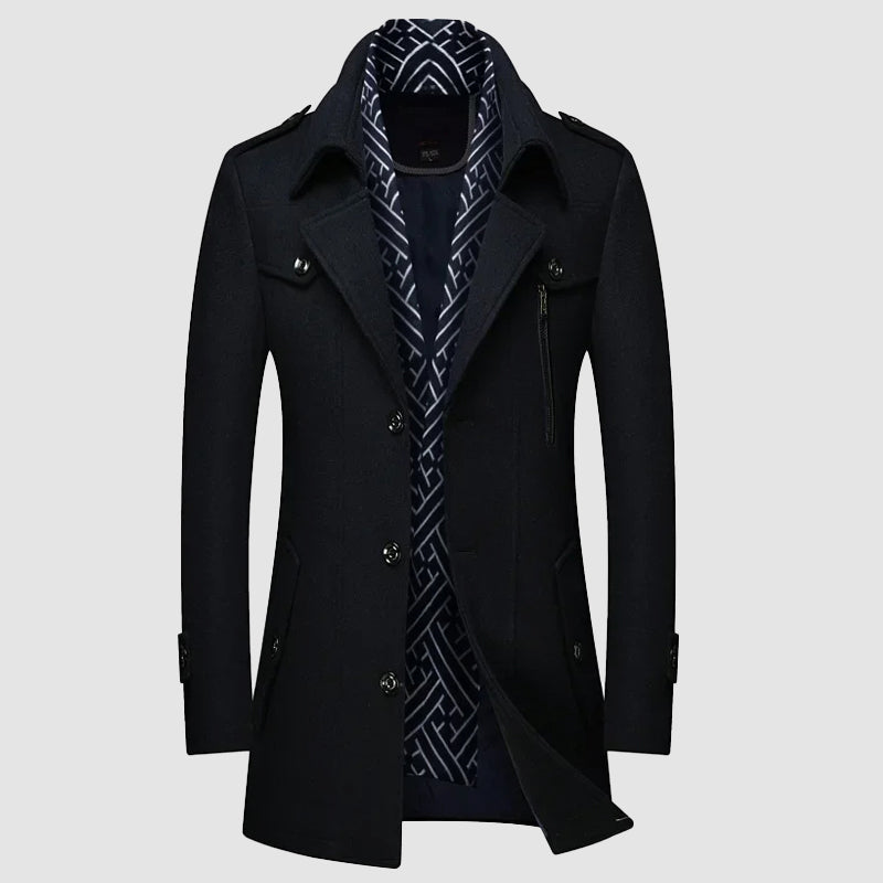 Men's charcoal wool blend overcoat with detachable collar, tailored legacy silhouette by Roberto Russo
