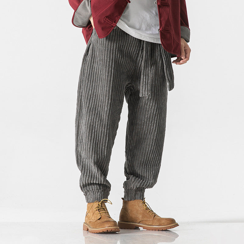 Vintage brown corduroy joggers tapered fit deep-ribbed fabric adjustable waistband casual wear