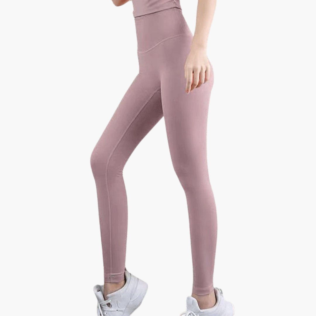 High-waisted women's gym leggings in full-length stretch fabric, sleek pocketless design for active fit