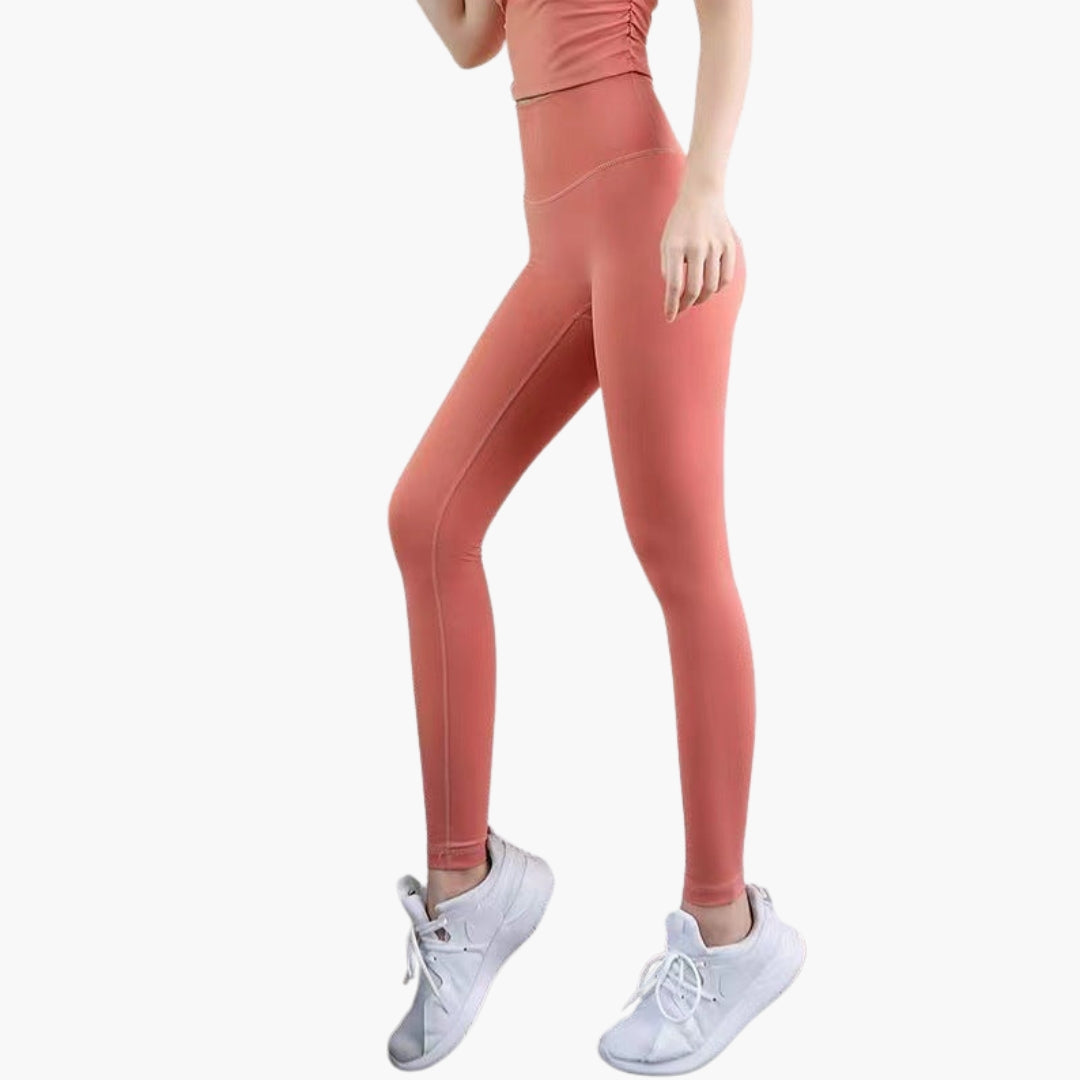 High-waisted women's black sports leggings full-length stretch fabric slim fit pocketless gym active wear