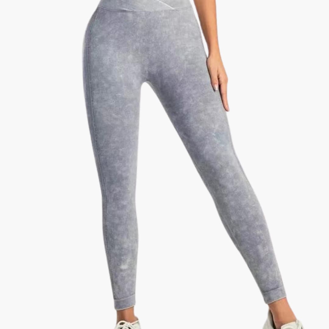 High waist marbled textured women's leggings with elastic waistband, sleek active fit