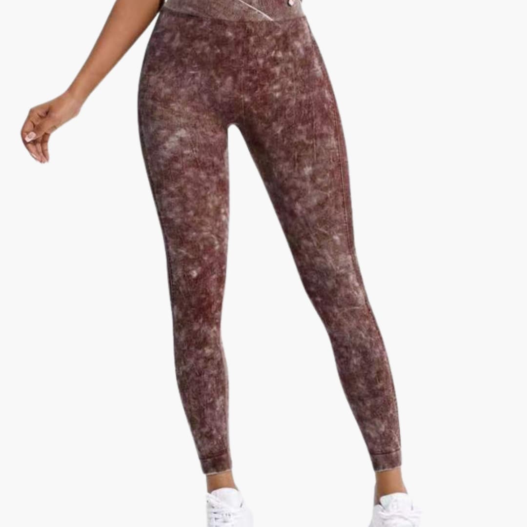 High-waist marbled textured women's leggings with elastic waistband, sleek athletic pull-on fit