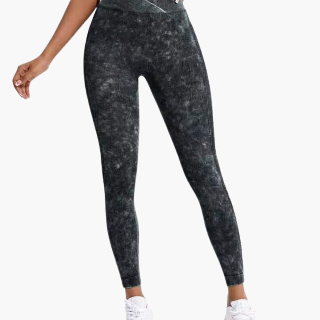 High waist marbled women's leggings with elastic waistband, textured surface, sporty slim fit