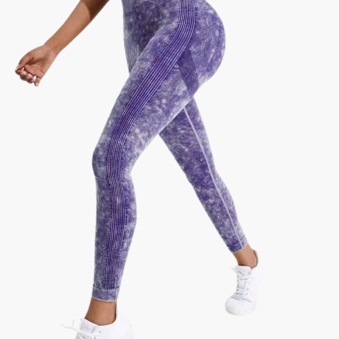 High waist marbled textured women's leggings with elastic waistband, slim athletic fit