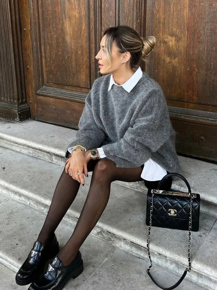 Women's oversized wool sweater soft fluffy knit relaxed silhouette for cozy layering warmth
