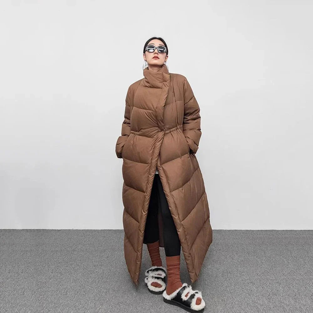 Women's knee-length down jacket loose fit large lapel white duck down insulation winter coat