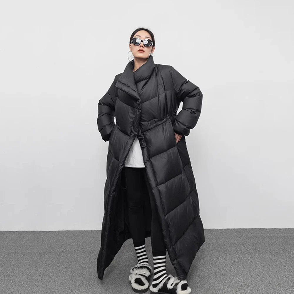 Women's knee-length down jacket loose fit large lapel white duck down insulation winter coat