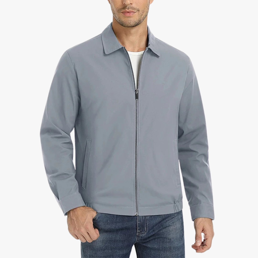 Men's lightweight casual jacket in neutral tone, slim-fit silhouette with wind-resistant design for spring