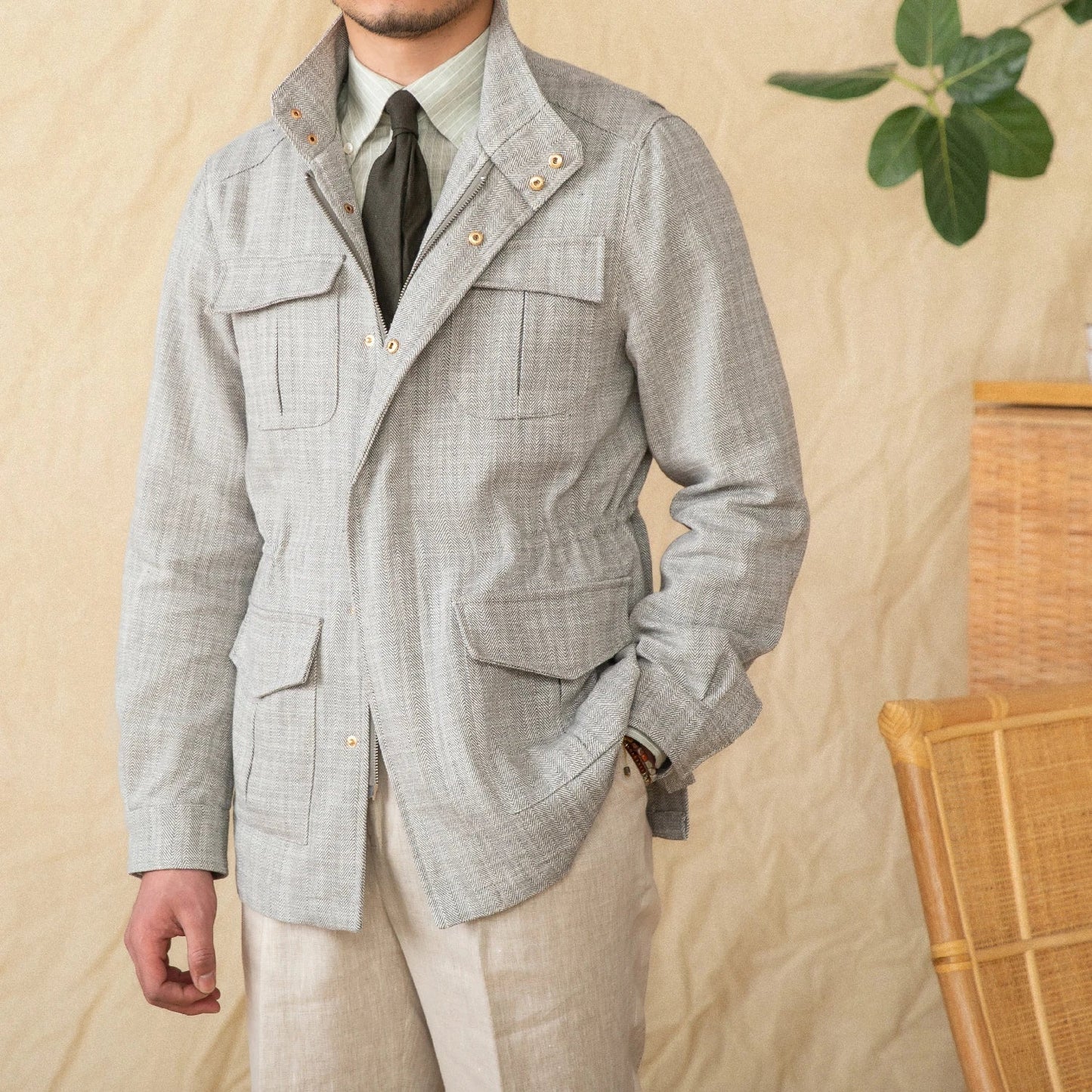 Lightweight M65 hunting jacket cotton linen blend stand-up collar breathable outdoor field coat
