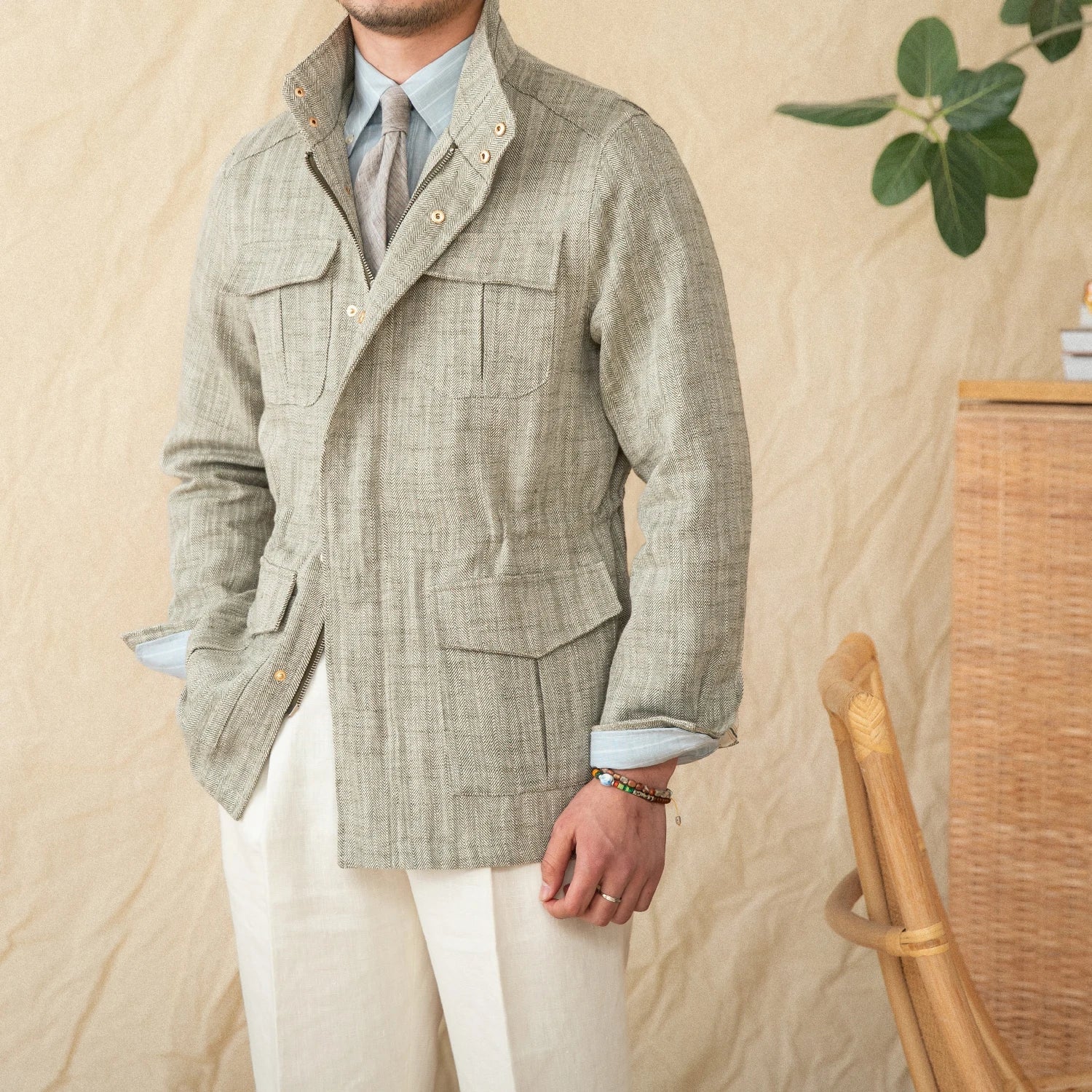 Lightweight M65 hunting jacket cotton linen blend stand-up collar breathable outdoor field coat