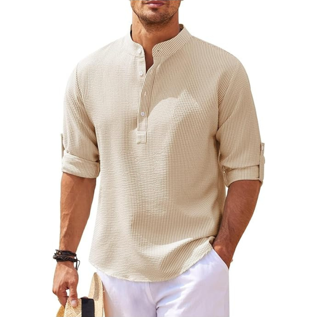 Lightweight men's shirt with stand-up collar, breathable blended fabric, polished everyday style