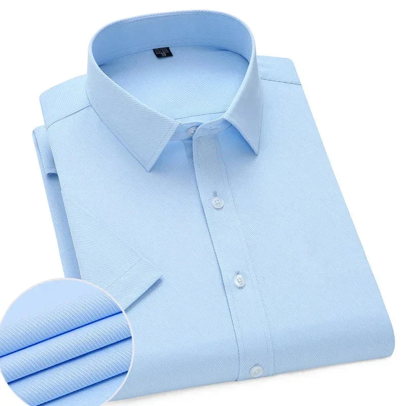Men's lightweight wrinkle-free short sleeve shirt in white, blue, gray or black for business and summer