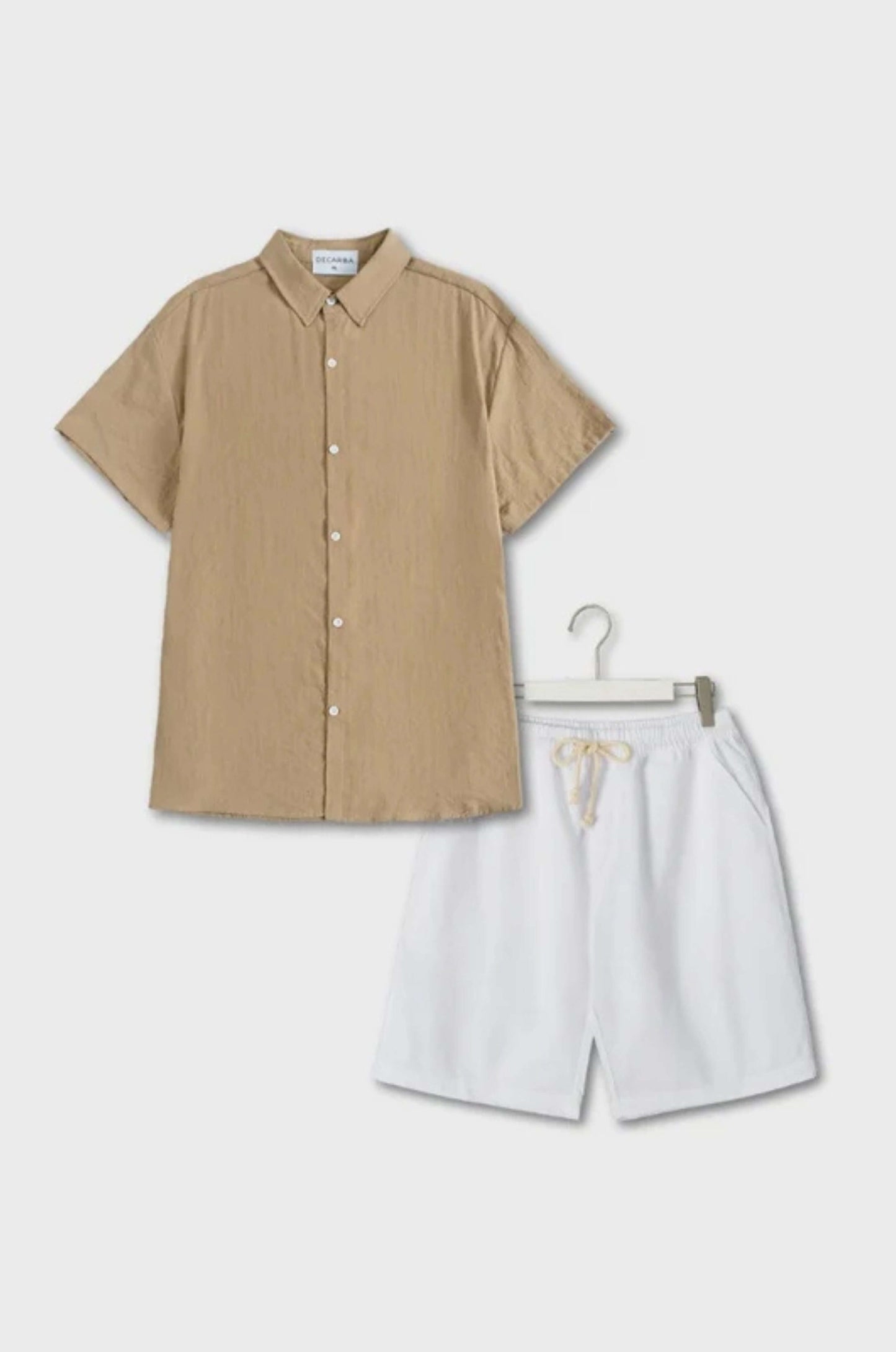 Men's linen summer set beige breathable shirt and shorts with elastic waistband lightweight casual fit