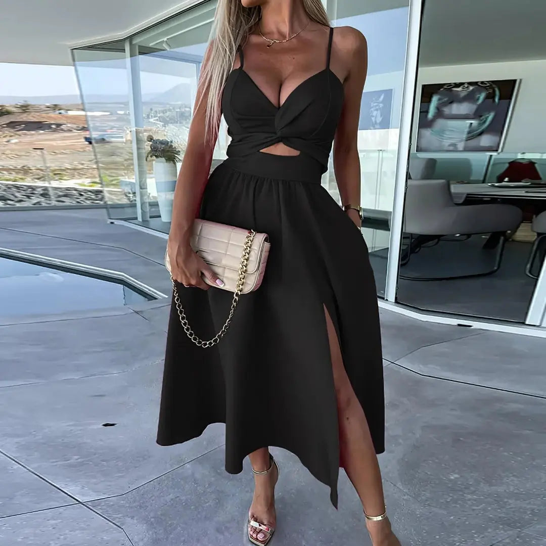 Black midi dress spaghetti straps twist front cutout bodice side slit chic women fashion