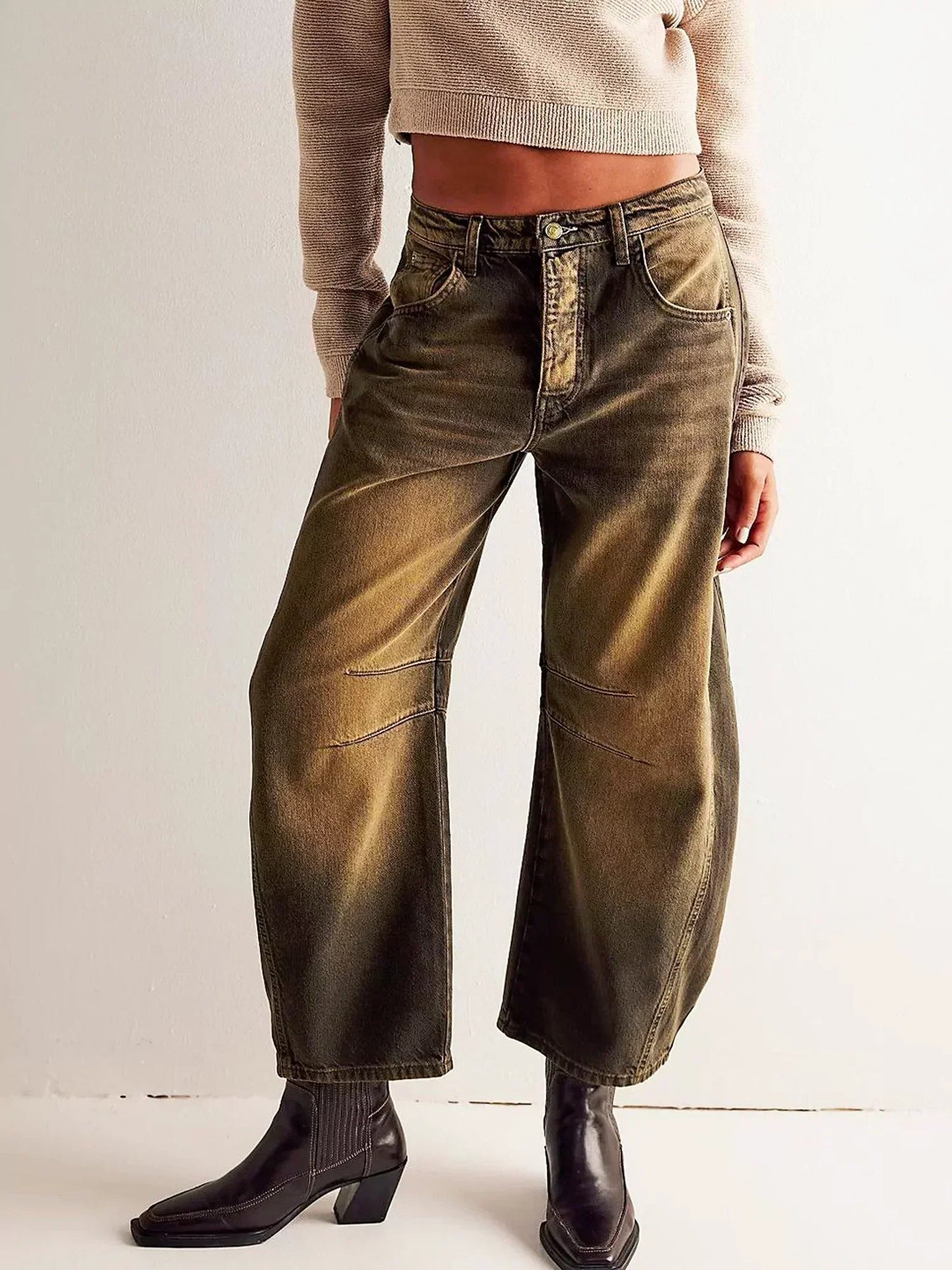 Women's leopard print barrel jeans wide-leg relaxed cut with all-over animal pattern bold edgy fit