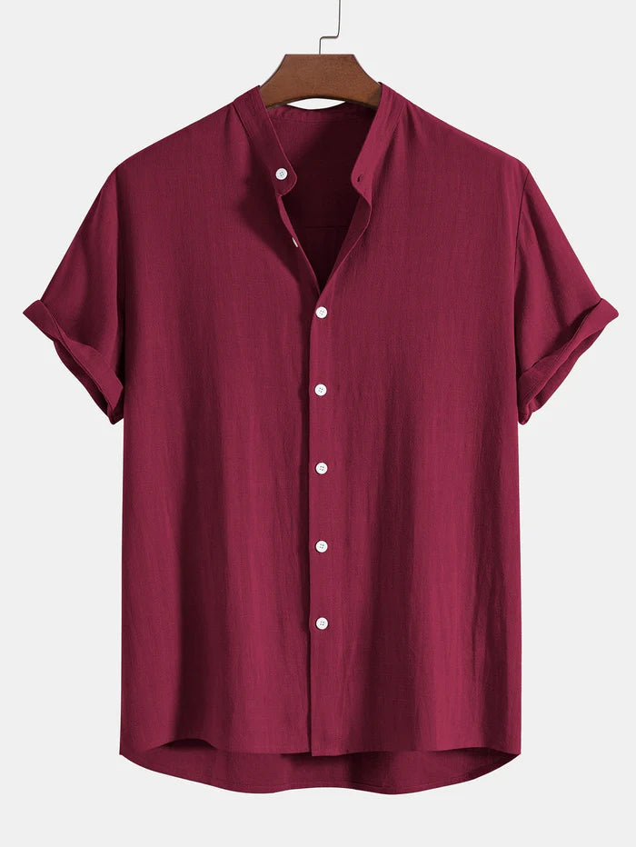 Men's light beige linen shirt stand-up collar short sleeve lightweight casual semi-formal summer