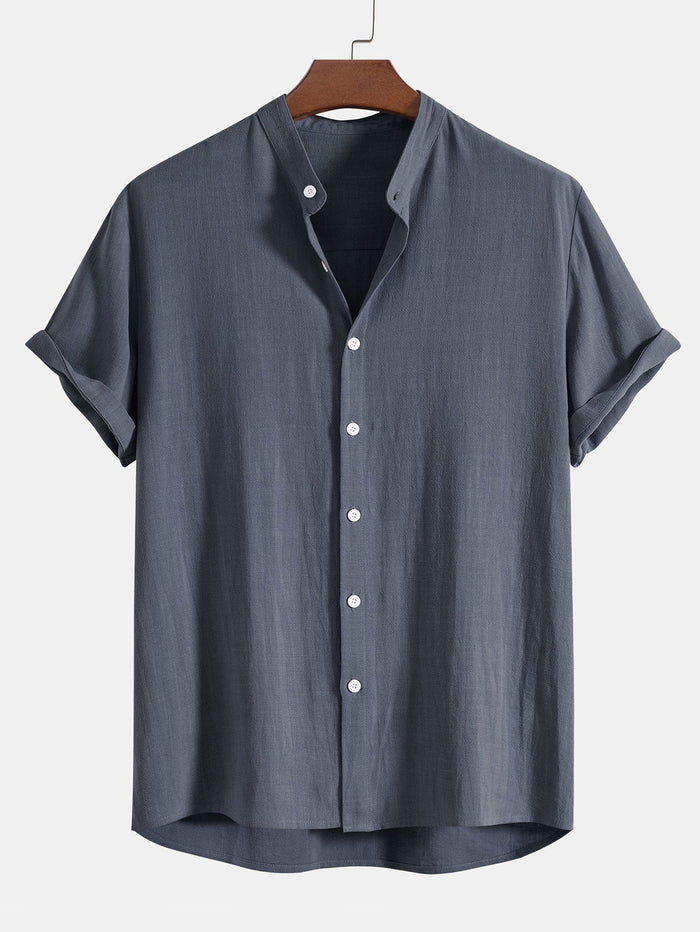 Men's white linen short-sleeve shirt with stand-up collar, lightweight breathable casual semi-formal summer style