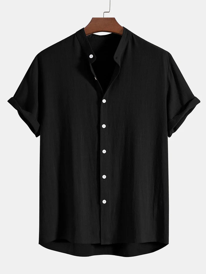 Men's white linen short-sleeve shirt with stand-up collar, lightweight breathable fabric for summer