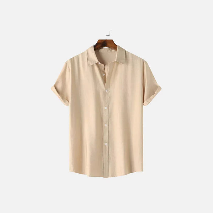 Men's light blue linen button-down shirt short sleeves breathable lightweight warm weather casual fit