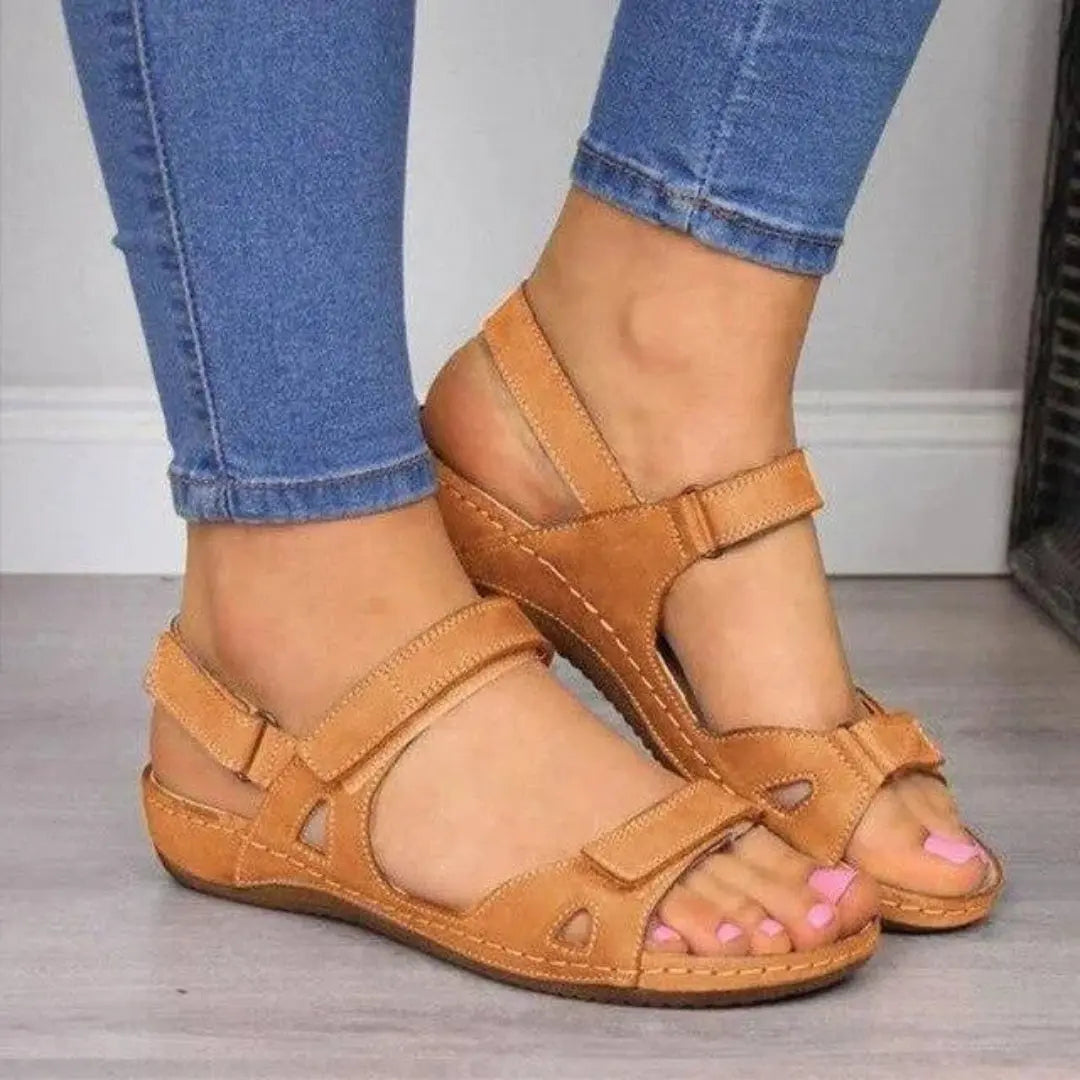 Women's beige open-toe wedge sandals with orthopedic footbed and arch support for all-day comfort