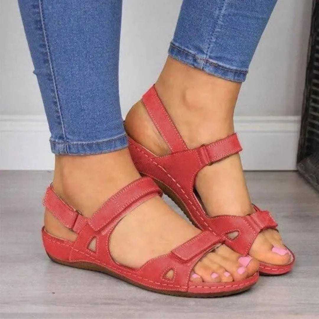 Women's beige open-toe wedge sandals with orthopedic footbed and arch support for all-day comfort