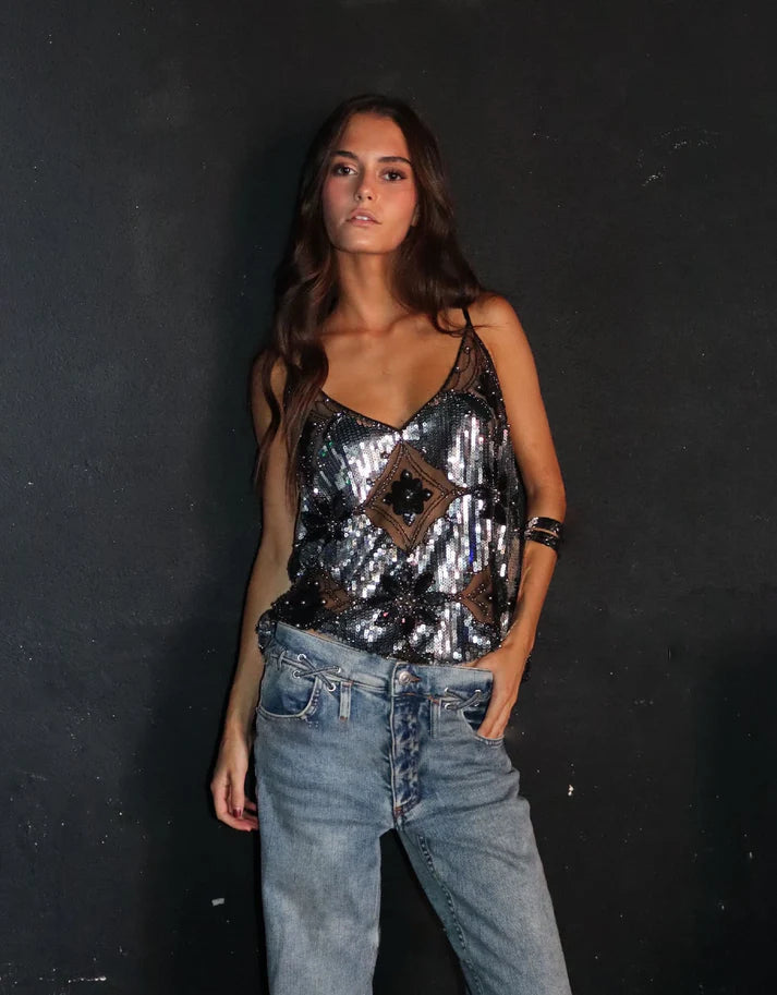 Women's nude mesh loose fit glitter top with pearl beaded sequin embellishments for night out
