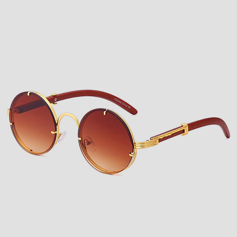 Lennon retro round rimless sunglasses with gold detailing, chic steampunk style for summer