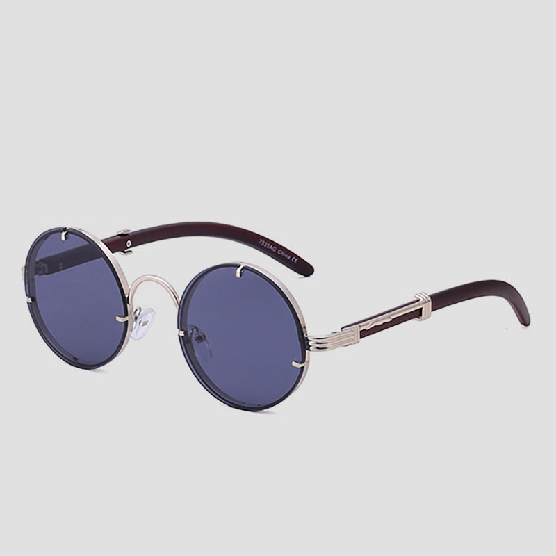 Lennon retro round rimless sunglasses with gold detailing, steampunk-inspired summer style