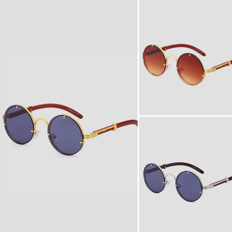 Lennon retro round rimless sunglasses with gold detailing, steampunk-inspired chic summer style