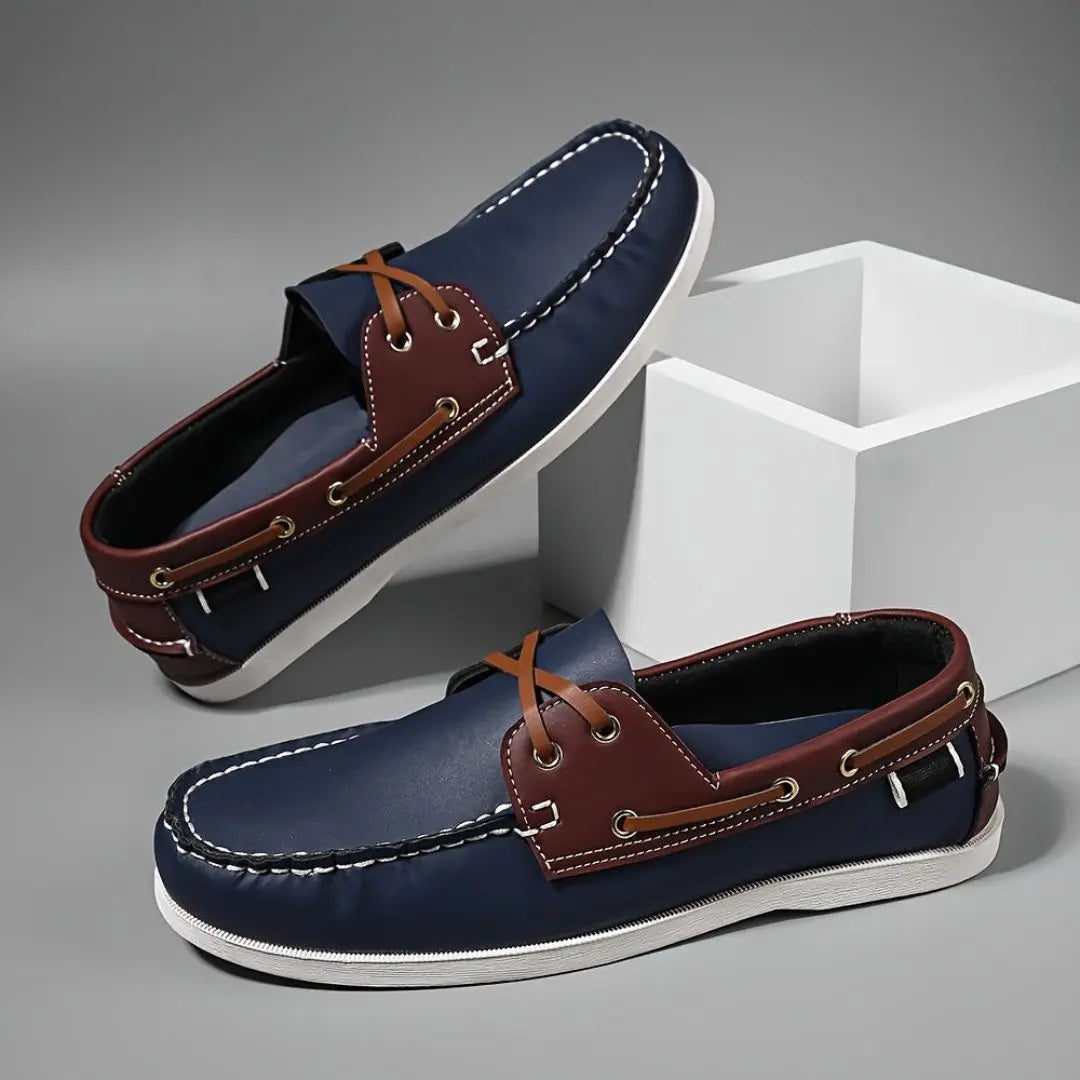 Lennox tan leather slip-on boat loafers for men with classic low-profile silhouette and stitched upper