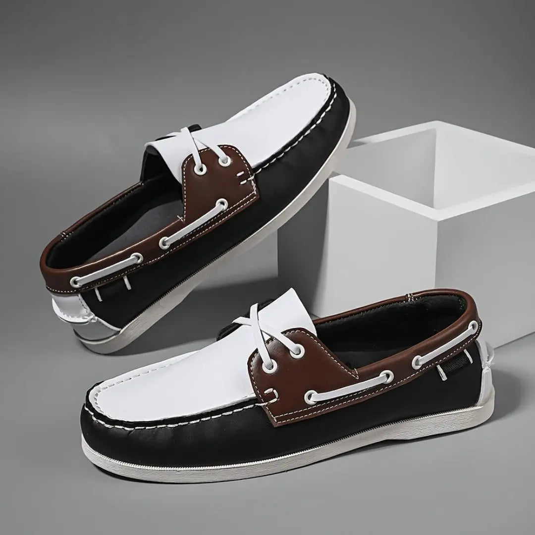 Lennox men's boat loafers tan leather slip-on silhouette with classic stitched upper construction