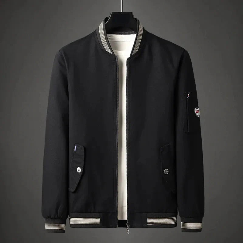 Men's navy tailored bomber jacket clean structured silhouette refined everyday versatile style