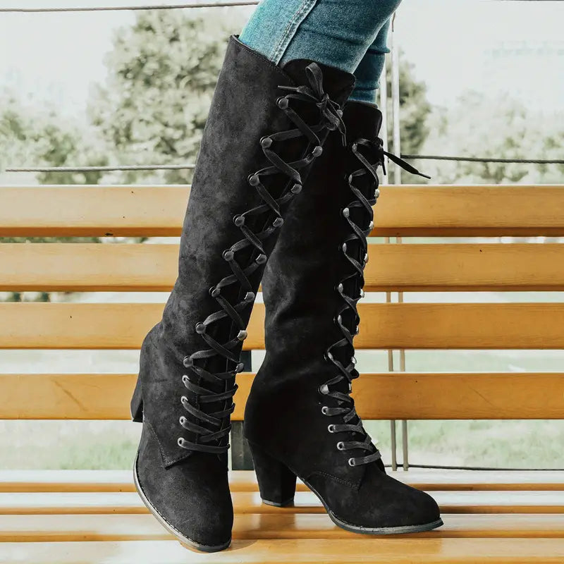 Brianna women's black lace-up block heel long boots with full-length front lacing