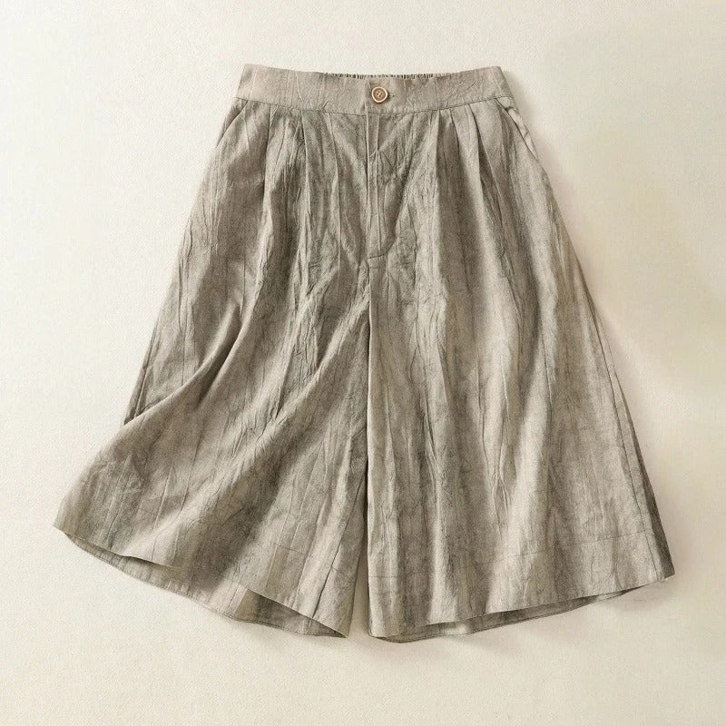 Women's wide-leg linen shorts breezy soft-washed texture button-front waist pockets relaxed tailored fit