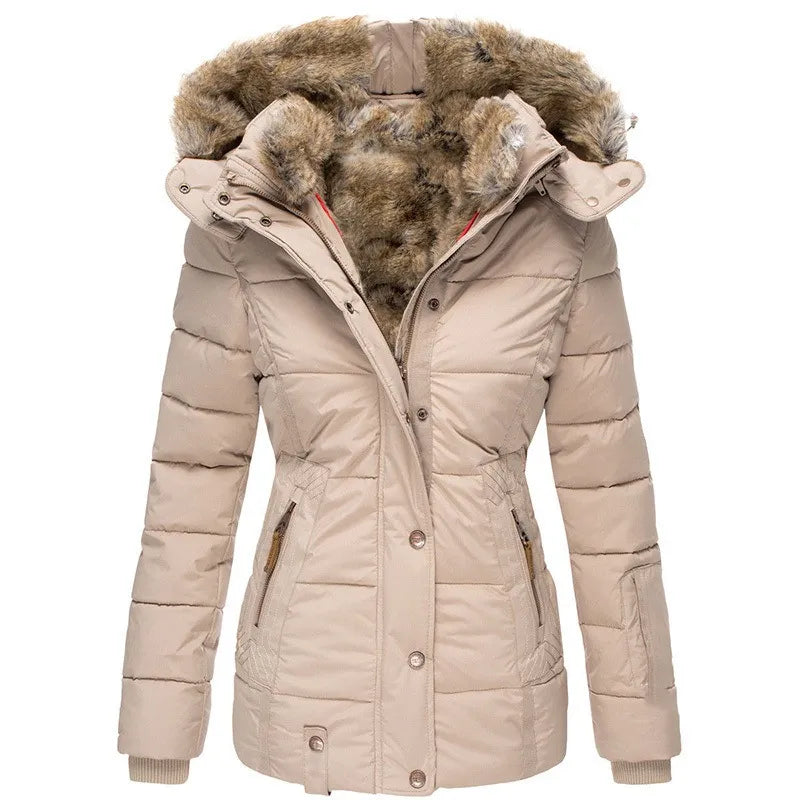 Women's black puffer winter coat with faux fur hood, quilted insulation, full zip button front