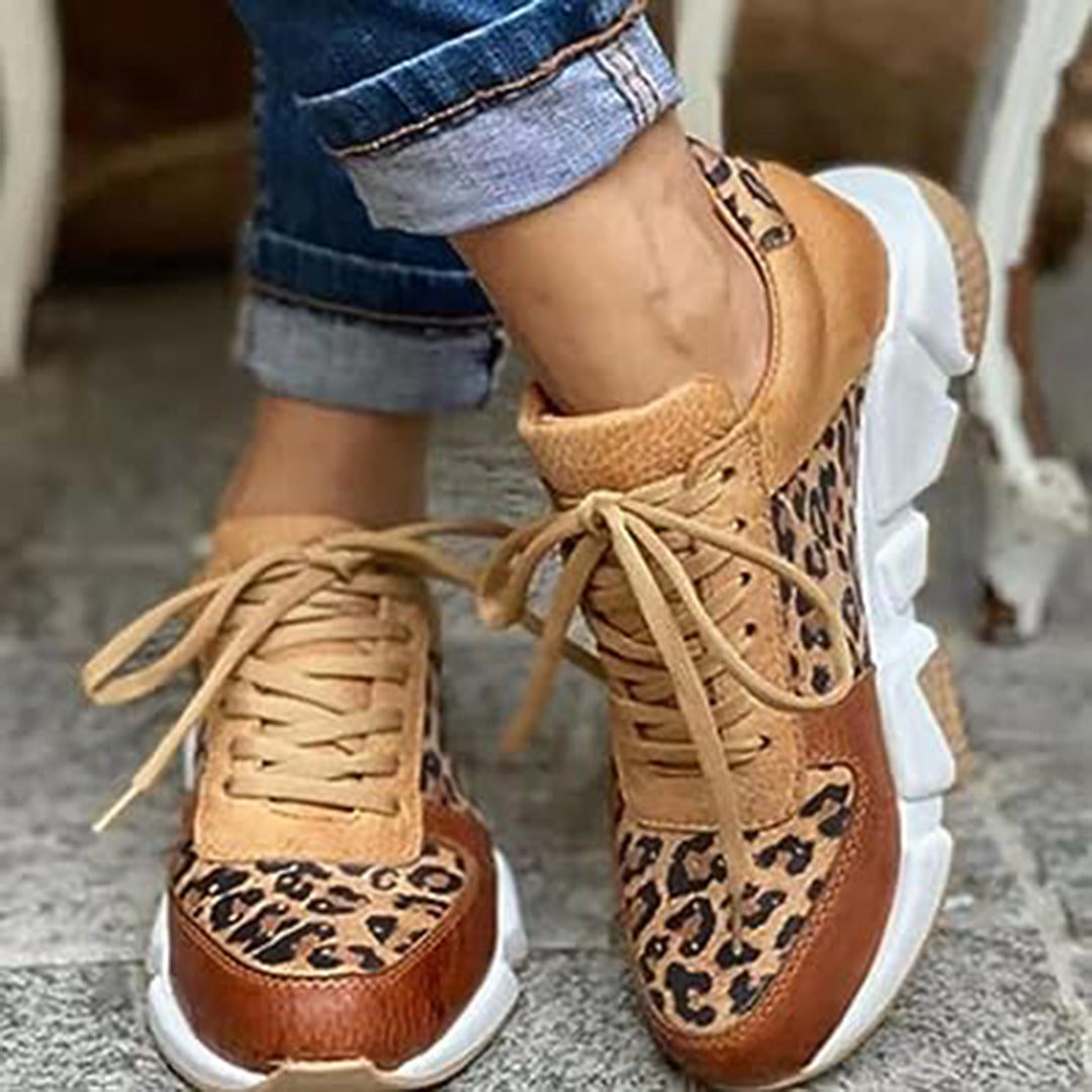 Women's leopard print lace-up sneakers with bold pattern, casual spring style for everyday comfort
