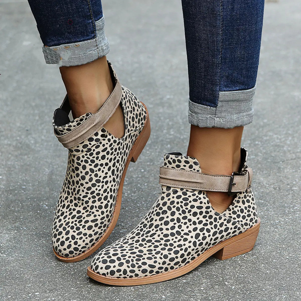 Women's leopard print ankle boots block heel V-cut design bold chic all-day comfort