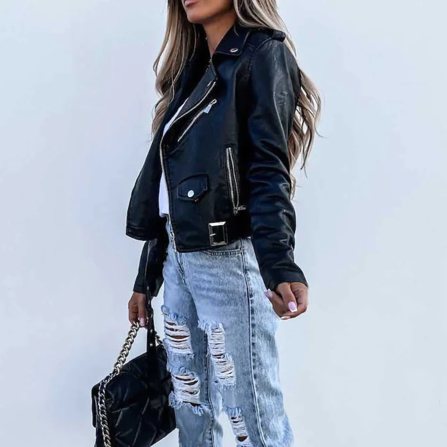 Women's slim fit vegan leather biker jacket black asymmetric zipper belt pebble texture cruelty-free