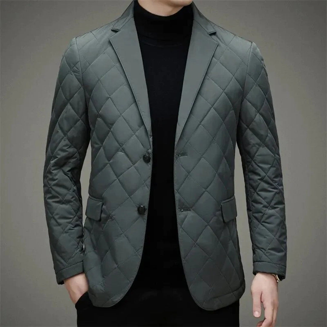 Men's slim fit padded quilted jacket with notch lapel and button closure in modern urban style