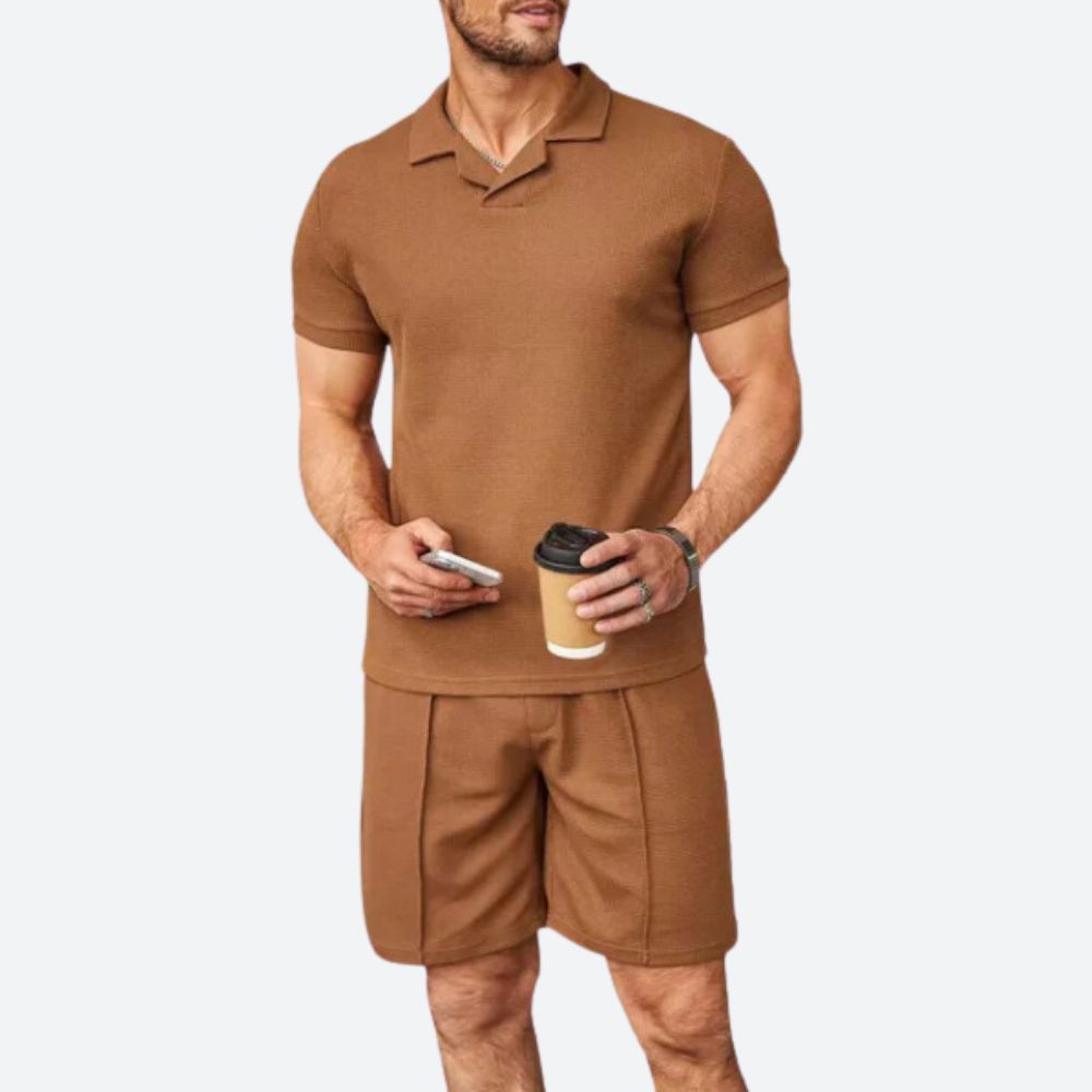 Men's casual cotton set in a relaxed regular fit, modern everyday outfit with breathable soft fabric