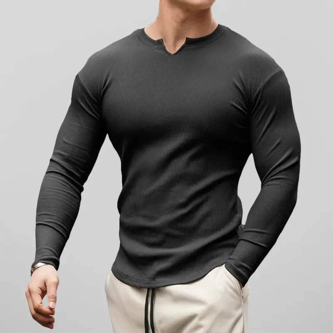 Men's slim fit long sleeve henley shirt in ribbed cotton blend with comfortable stretch