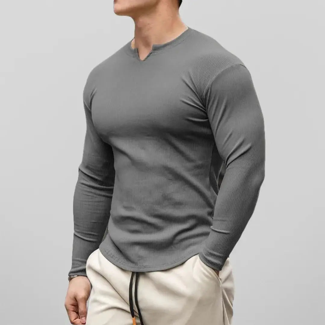 Men's slim fit long sleeve henley shirt in soft ribbed cotton blend with comfortable stretch