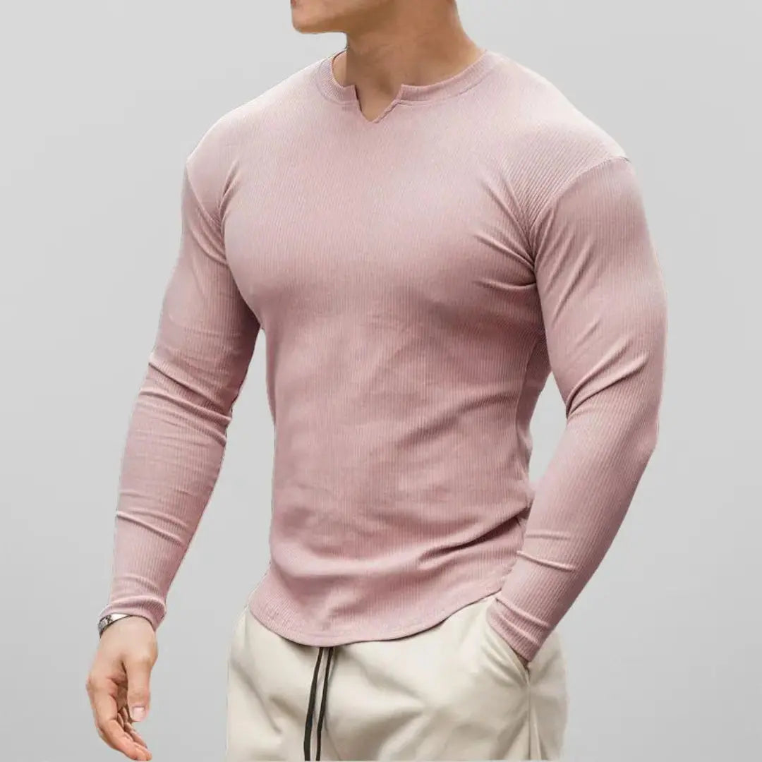 Men's slim fit long sleeve henley shirt soft ribbed cotton blend stretch comfortable casual