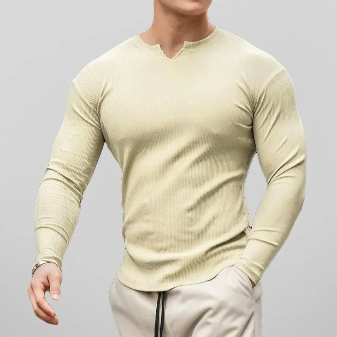 Men's slim fit long sleeve henley shirt in ribbed cotton blend with comfortable stretch