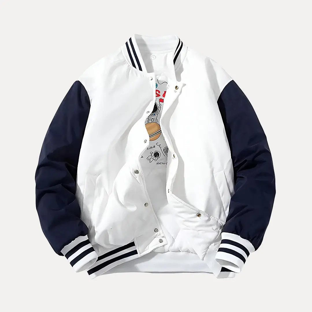 Men's patchwork varsity jacket with detachable hood, thick warm material, bold multi-panel colorblock design
