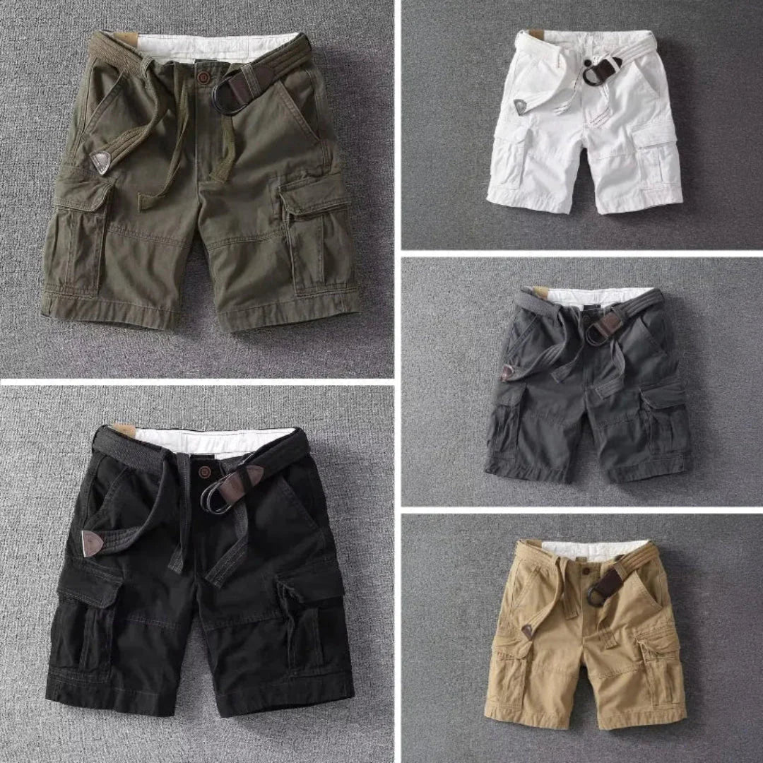 Liam men's khaki belted cargo shorts with multi-pocket utility design, breathable cotton blend for hiking