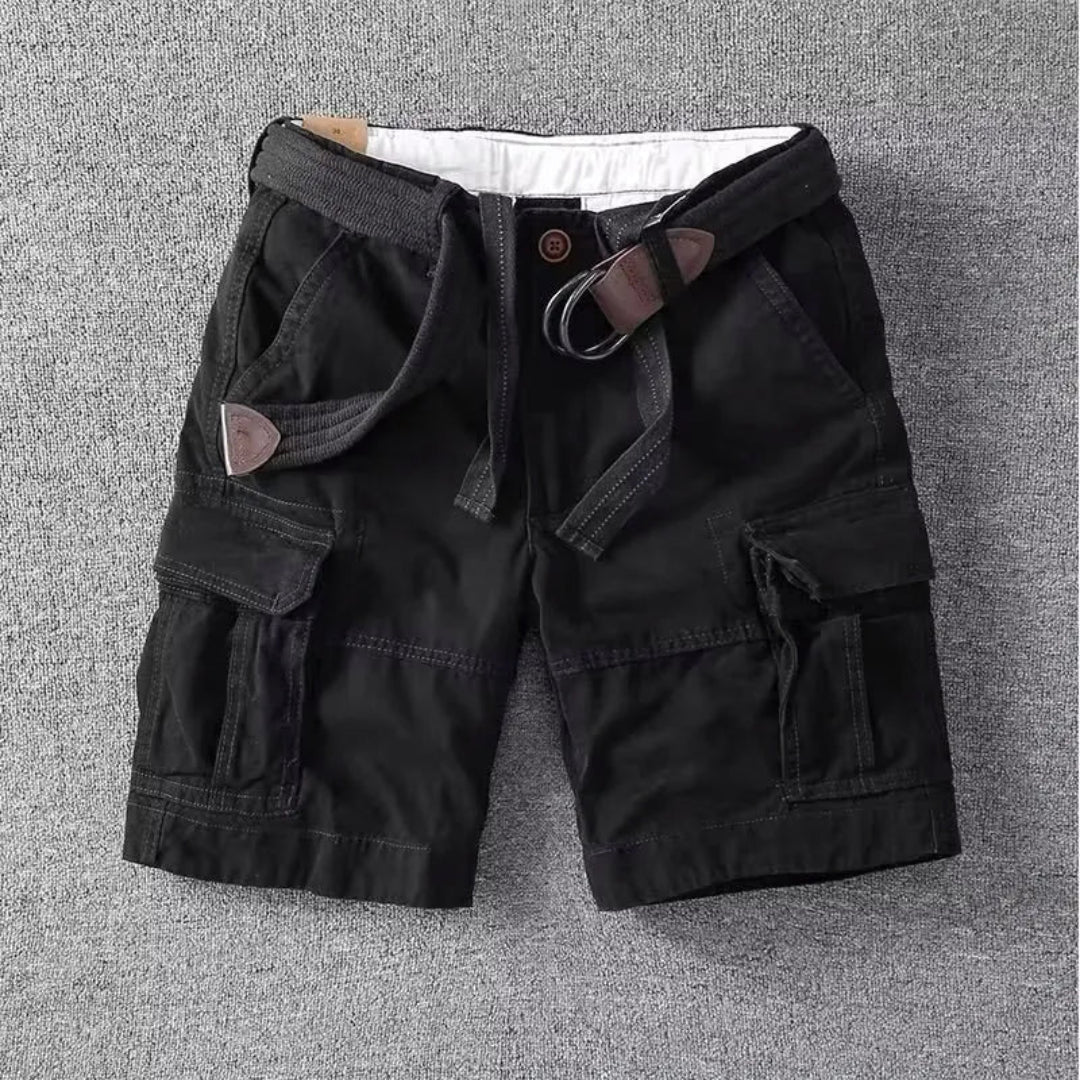 Men's khaki belted cargo shorts rugged cotton blend multi-pocket utility design for hiking camping